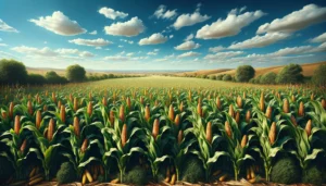 A photo-realistic, wide aspect illustration of an Indian corn crop. The scene showcases a vast field of tall, lush corn plants under a clear blue sky222