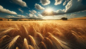 A photo-realistic, wide aspect photograph of an Indian wheat crop. The scene captures a vast field of golden wheat swaying gently in the breeze, unde333