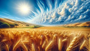 A photo-realistic, wide aspect photograph of an Indian wheat crop. The scene captures a vast field of golden wheat swaying gently in the breeze, unde444