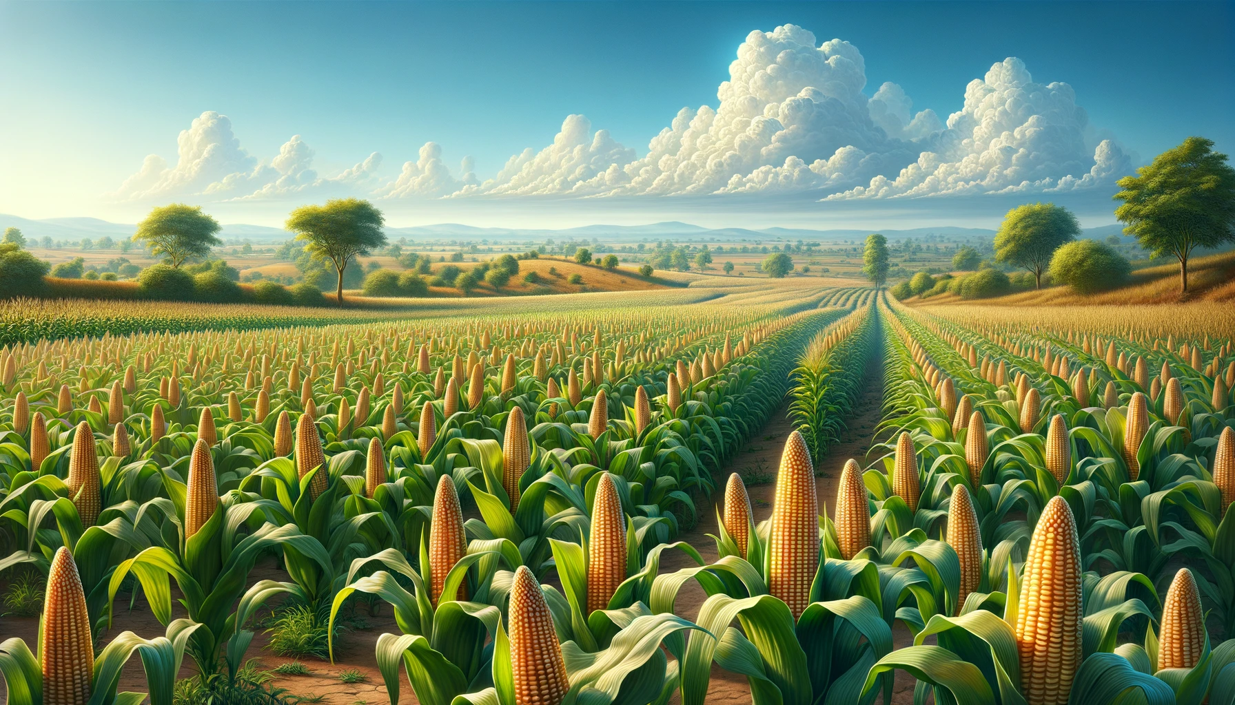 A photo-realistic, wide aspect illustration of an Indian corn crop. The scene showcases a vast field of tall, lush corn plants under a clear blue sky222